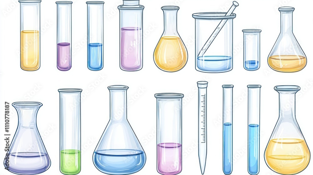 A vector design featuring various laboratory tools like beakers, flasks, and test tubes A vector design featuring various laboratory tools like beakers, flasks, and test tubes