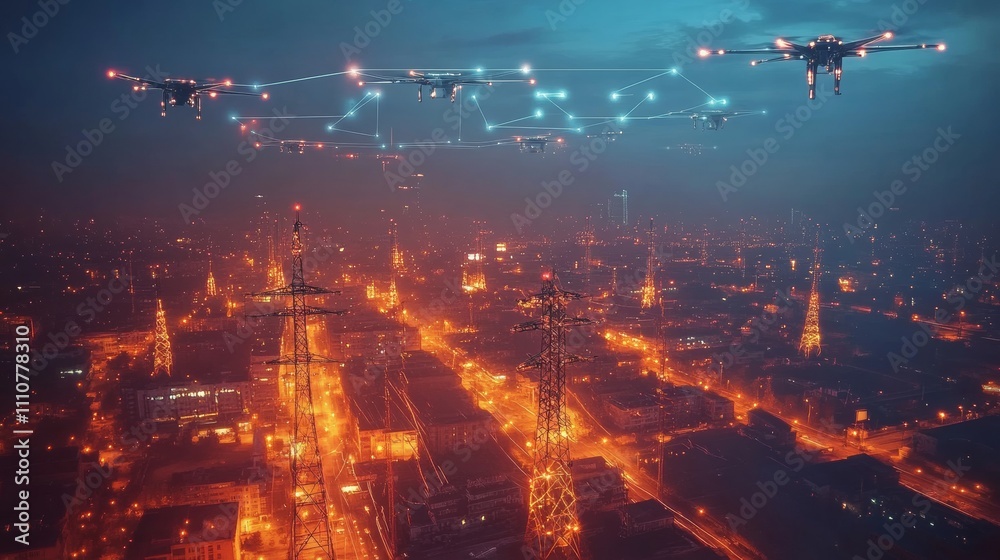 Drones Illuminating a Cityscape with Complex Patterns Above Glowing Towers at Dusk Drones Illuminating a Cityscape with Complex Patterns Above Glowing Towers at Dusk