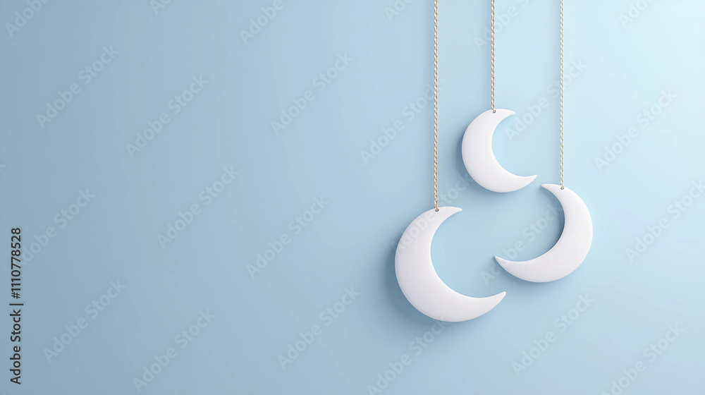 Three white crescent moons hang elegantly against a soft blue background, creating a serene and dreamy atmosphere. Three white crescent moons hang elegantly against a soft blue background, creating a serene and dreamy atmosphere.