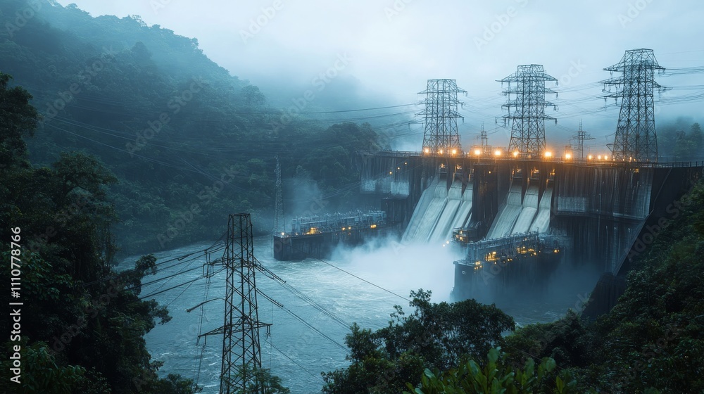 Fototapeta premium Hydroelectric Dam at Dawn Surrounded by Lush Mountains and Misty Atmosphere