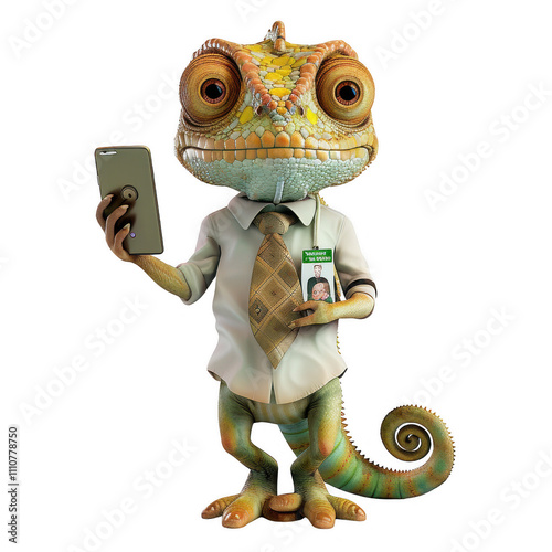 Lizardfolk Taking a Business Selfie with Smartphone & QR Code Ad photo