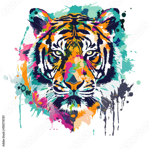 A colorful illustration of a roaring tiger head with vibrant