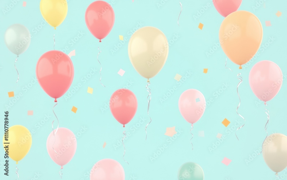 Colorful balloons floating in a festive atmosphere with pastel hues and confetti. Colorful balloons floating in a festive atmosphere with pastel hues and confetti.