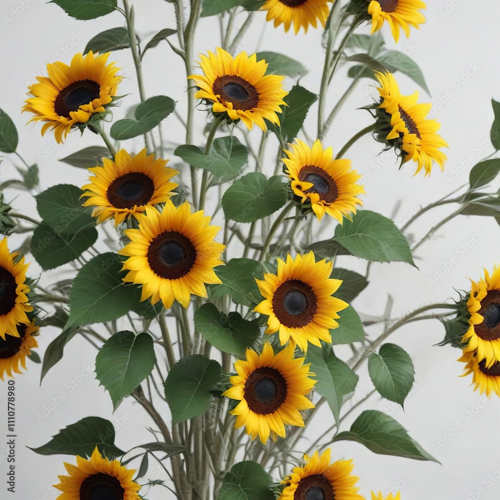 Fototapeta premium Sunflower stems and leaves arranged in a loose bouquet against a textured white background to add depth and interest, arrangement, flower