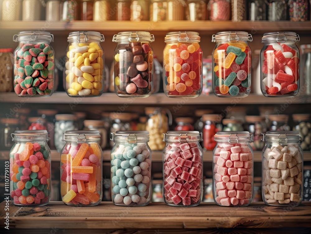 A vibrant display of colorful jars filled with assorted candies, creating a nostalgic and inviting atmosphere. A vibrant display of colorful jars filled with assorted candies, creating a nostalgic and inviting atmosphere.