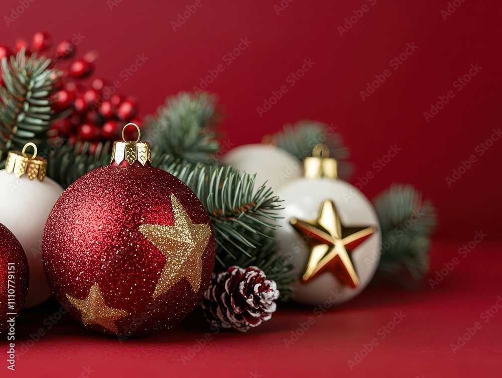 A festive arrangement of red and white Christmas ornaments, pine branches, and a pinecone against a rich red background. A festive arrangement of red and white Christmas ornaments, pine branches, and a pinecone against a rich red background.