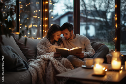 a man and woman sitting on a couch reading a book together in front of a window with candles on it