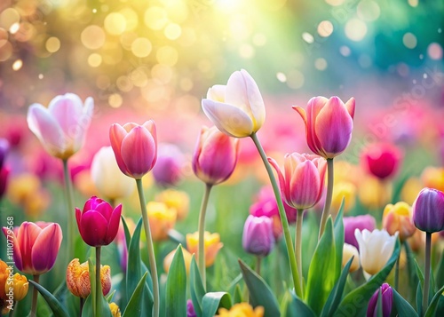 Soft Pastel Spring Tulips with Bokeh Effect, Ideal for Floral Cards and Backgrounds - A Beautiful Celebration of Blossoming Flowers in Selective Focus