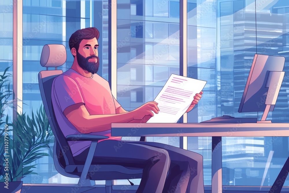A Bearded Man Reviewing Documents in a Modern Office A Bearded Man Reviewing Documents in a Modern Office