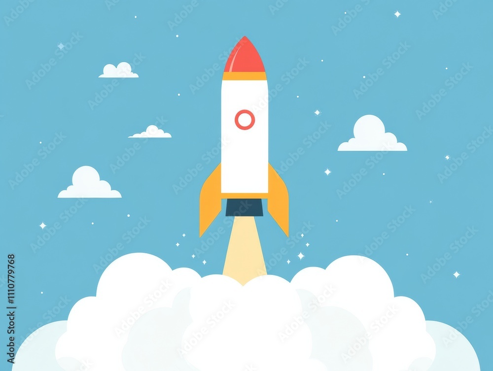 Colorful rocket launching into a bright sky filled with clouds and stars. Colorful rocket launching into a bright sky filled with clouds and stars.