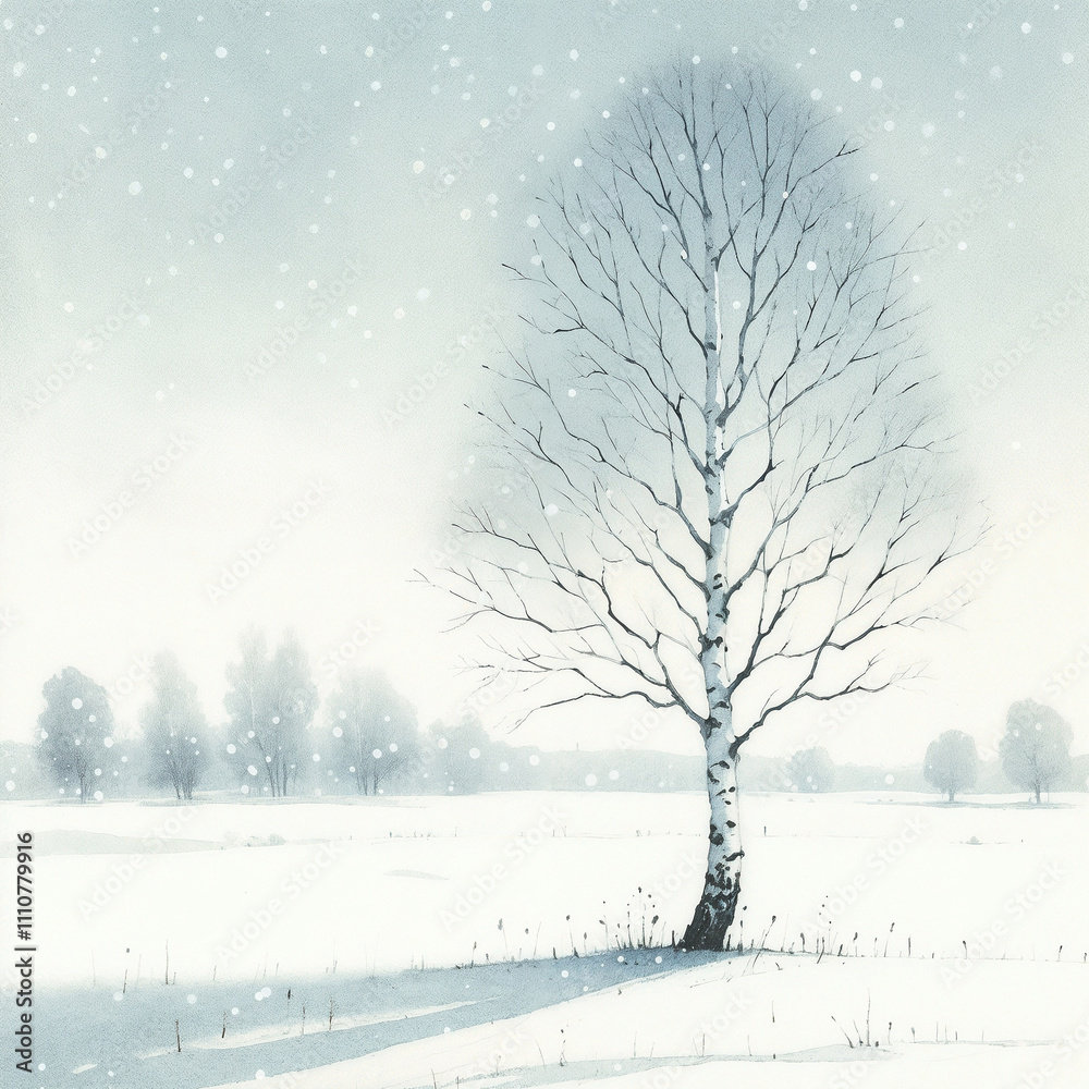 Snow-covered landscape with a bare tree against a pale winter sky in a serene, peaceful setting Snow-covered landscape with a bare tree against a pale winter sky in a serene, peaceful setting