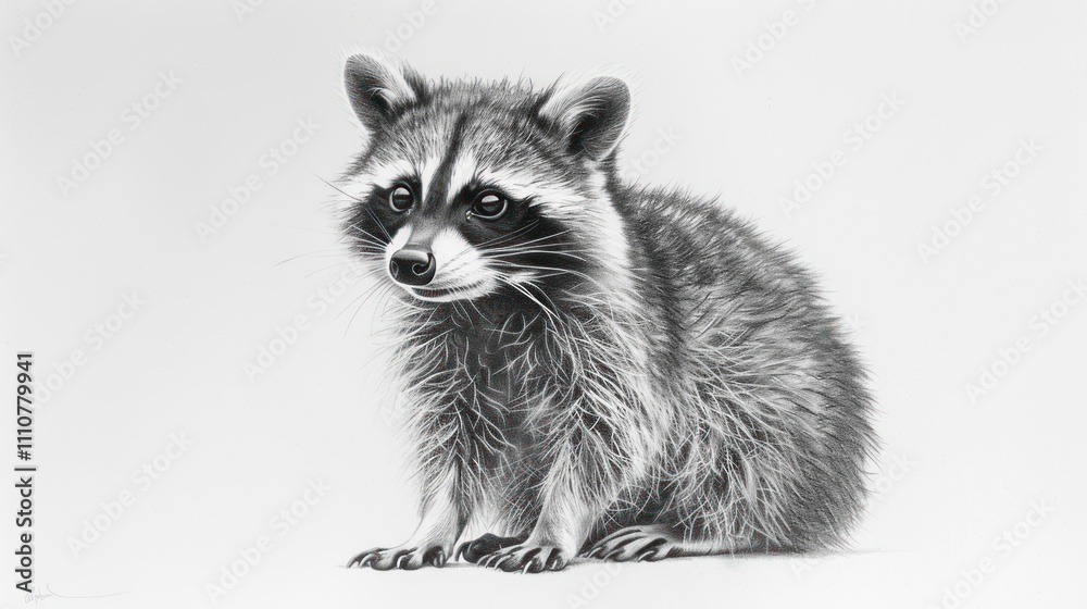 Obraz premium Adorable baby raccoon sitting, monochrome pencil sketch.