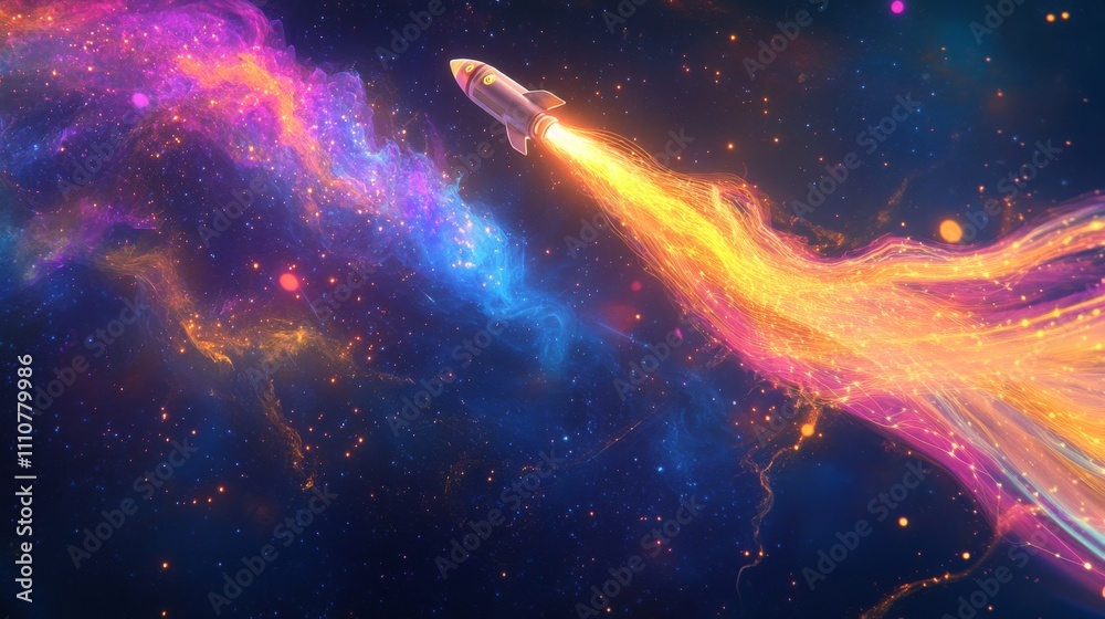 Rocket soaring through a vibrant cosmic landscape, leaving a trail of colorful energy in the vastness of space Rocket soaring through a vibrant cosmic landscape, leaving a trail of colorful energy in the vastness of space