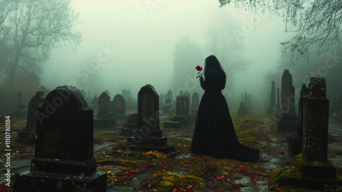 Misty Cemetery Mourning A Woman in Black Holding a Rose