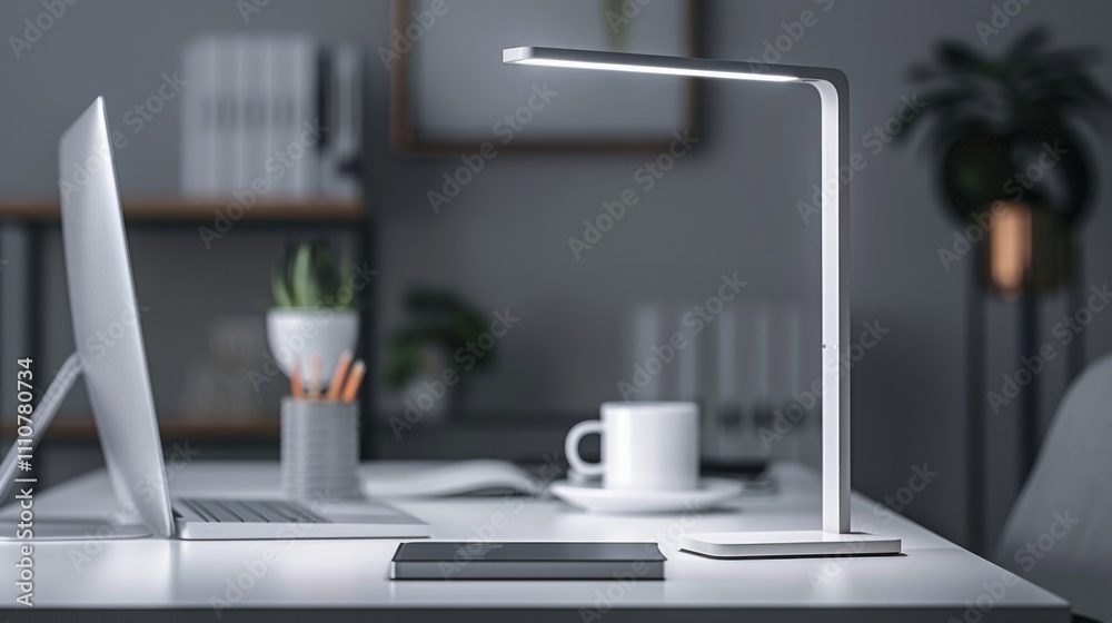 Naklejka premium Modern desk lamp illuminates a workspace at night.