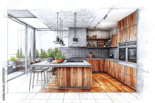 Stylish kitchen interior with modern furniture. Combination of photo and sketch. Interior sketch of modern kitchen