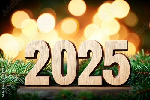 Festive new year 2025 with glowing lights and evergreen branches