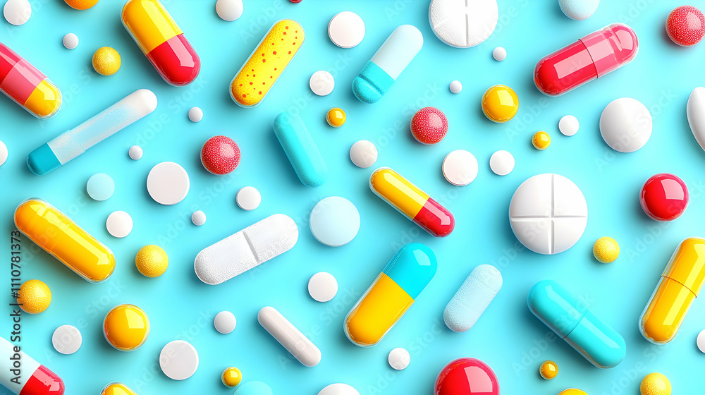 Colorful pills and capsules scattered on a blue background. Colorful pills and capsules scattered on a blue background.