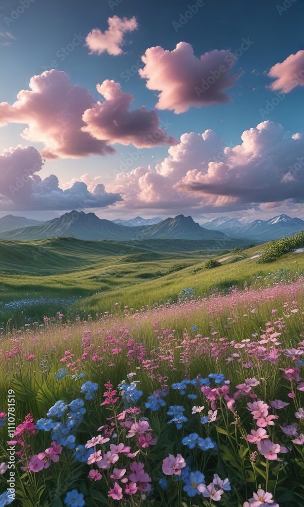 Clouds in shades of blue and pink float above a lush green meadow with wildflowers, soft focus, whimsical clouds Clouds in shades of blue and pink float above a lush green meadow with wildflowers, soft focus, whimsical clouds
