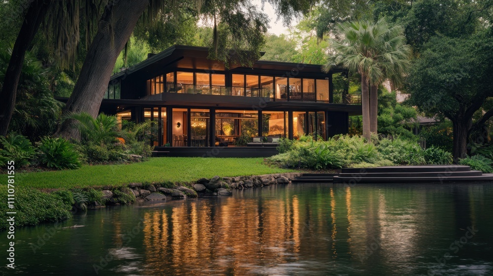 Fototapeta premium Modern house reflecting on tranquil lake at dusk.