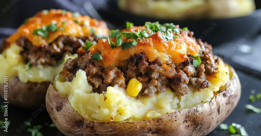 Shepherd's Pie Stuffed Potatoes. AI generated illustration. Shepherd's Pie Stuffed Potatoes. AI generated illustration.
