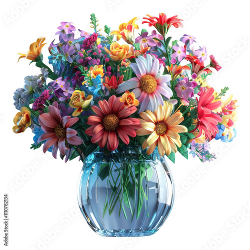 Vibrant Floral Arrangement in Clear Glass Vase with Colorful Blooms Against Blue Background.
