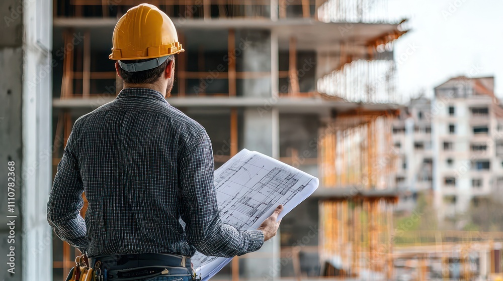 An architect in a hard hat overseeing construction progress, with blueprints and tools in hand An architect in a hard hat overseeing construction progress, with blueprints and tools in hand