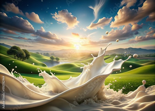 Stunning 3D Rendering of Abstract White Milk Splash in a Serene Landscape Setting, Capturing Fluid Motion and Textures in a Dreamy Atmosphere