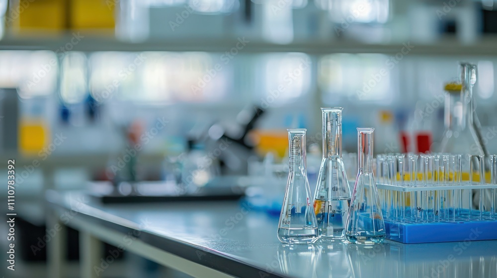 An empty laboratory background with a focus on a large workbench and equipment ready for experiments An empty laboratory background with a focus on a large workbench and equipment ready for experiments
