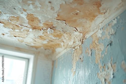 infiltration of water, mold and cracks in the wall corners Damp and mouldy ceiling wall corner. Water leak damage. Insurance case. House service repair and renovation concept.