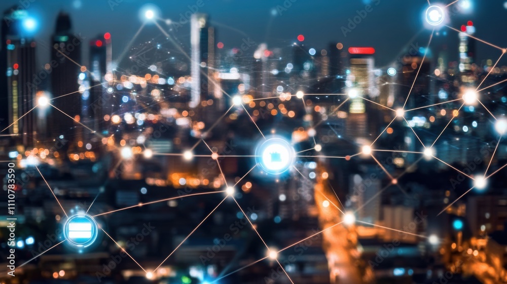 Naklejka premium Cityscape with Network Connections and Blurred City Lights