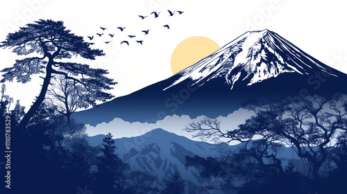 Mount Fuji Sunrise in Abstract Paper Art Style
