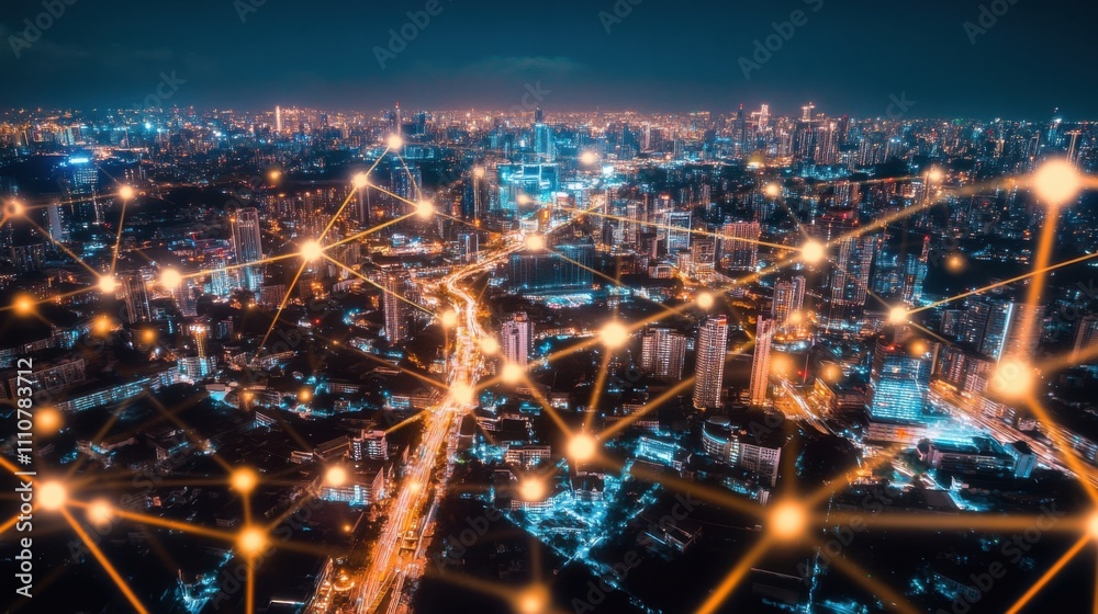 Aerial View of Urban City at Night with Network Connections Aerial View of Urban City at Night with Network Connections
