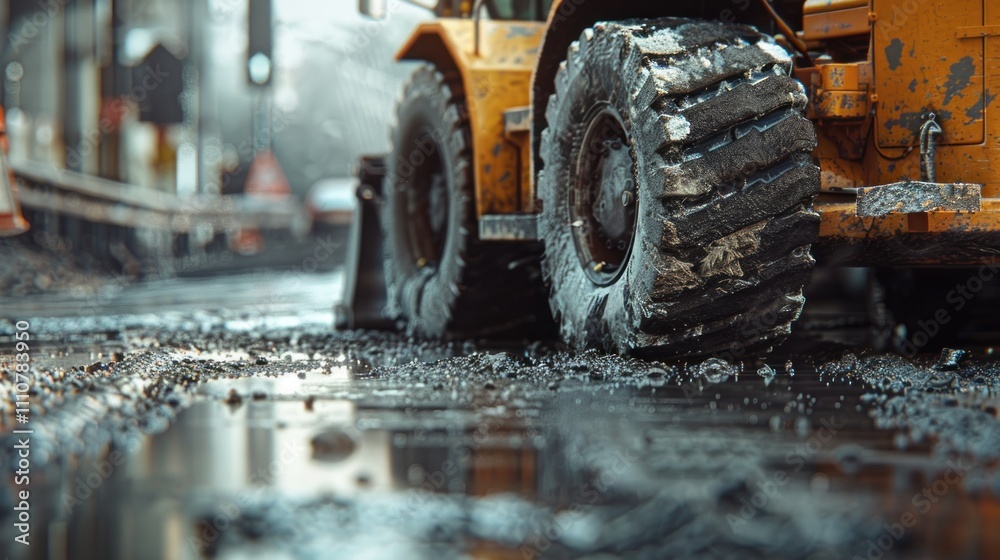 Close-up of muddy tires on a construction vehicle during roadworks.