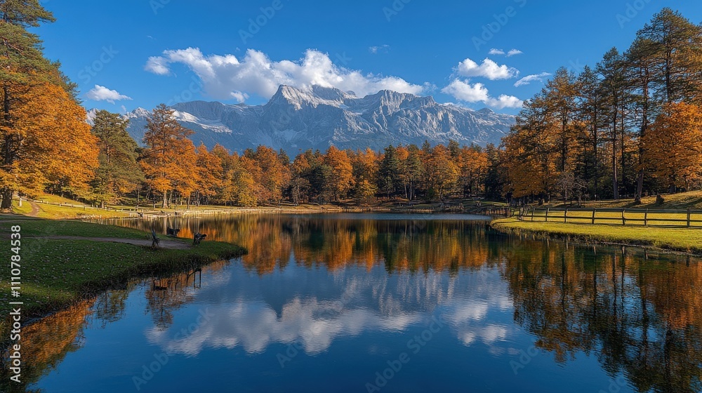 A serene landscape featuring a lake, autumn trees, and majestic mountains under a clear sky. A serene landscape featuring a lake, autumn trees, and majestic mountains under a clear sky.