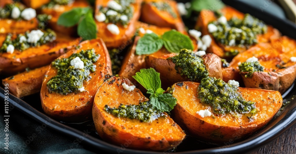 Sweet Potatoes with Goat Cheese, Pesto, and Mint. Sweet Potatoes with Goat Cheese, Pesto, and Mint.