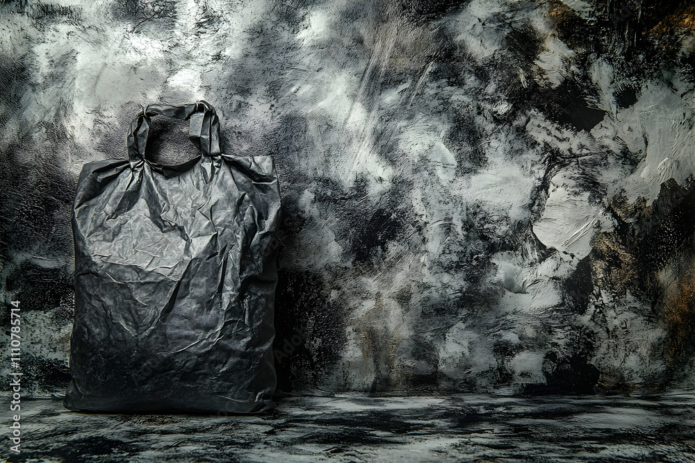 Obraz premium Crumpled black plastic shopping bag against a textured grey background.