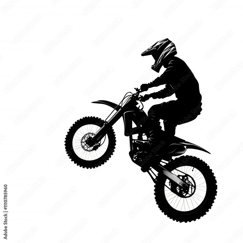 Action-packed dirt bike stunt rider in mid-air motocross ride with protective gear on a plain white background. Action-packed dirt bike stunt rider in mid-air motocross ride with protective gear on a plain white background.