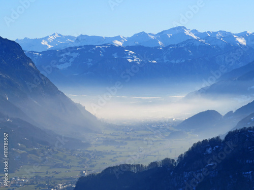 Winter atmosphere in spacious subalpine valley Seeztal along the Seez River between Lake Walensee and the Rheintal Valley, Walenstadtberg - Canton of St. Gallen, Switzerland (Schweiz) photo