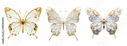 Elegant white butterflies with intricate golden details, showcasing delicate wings and artistic designs. Perfect for nature themed decor or illustrations
