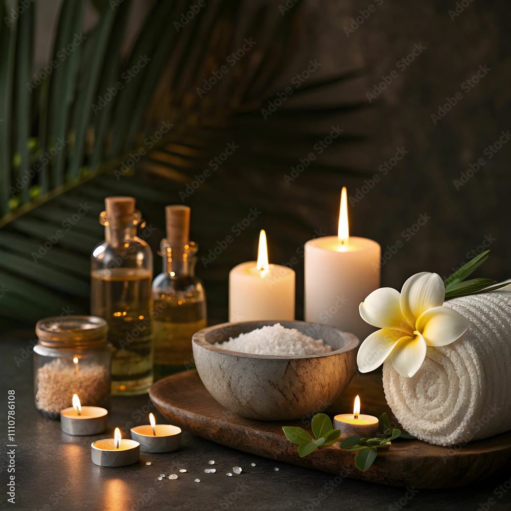 A serene spa composition featuring calming candles and fragrant frangipani flowers A serene spa composition featuring calming candles and fragrant frangipani flowers