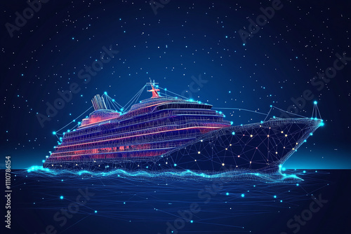 Futuristic blue cruise liner in ocean with neon lights and dots. Concept of luxury boat vacation. Modern big ship for travel brochure, sailing design or digital template for voyage website.	
