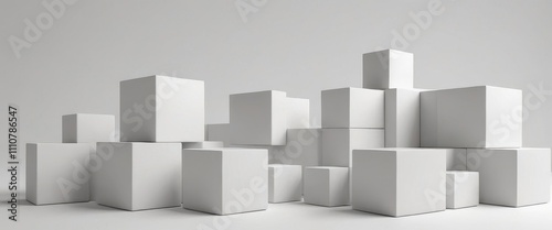 Geometric 3D cube pattern with square tiles, perfect for modern design backgrounds,Dynamic Abstract 3D White Geometric Cubes Popping Out from White Wall – Minimalist Modern Digital Art for Architectur