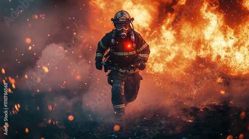 Firefighter wearing mask running out from a fire explosion.