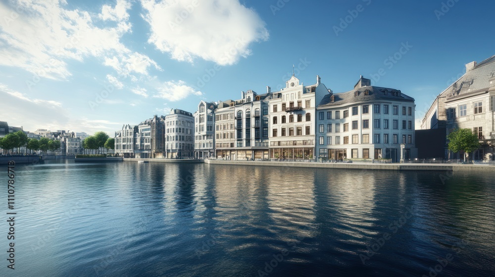 Waterfront cityscape with elegant buildings reflecting in calm water under a sunny sky. Waterfront cityscape with elegant buildings reflecting in calm water under a sunny sky.