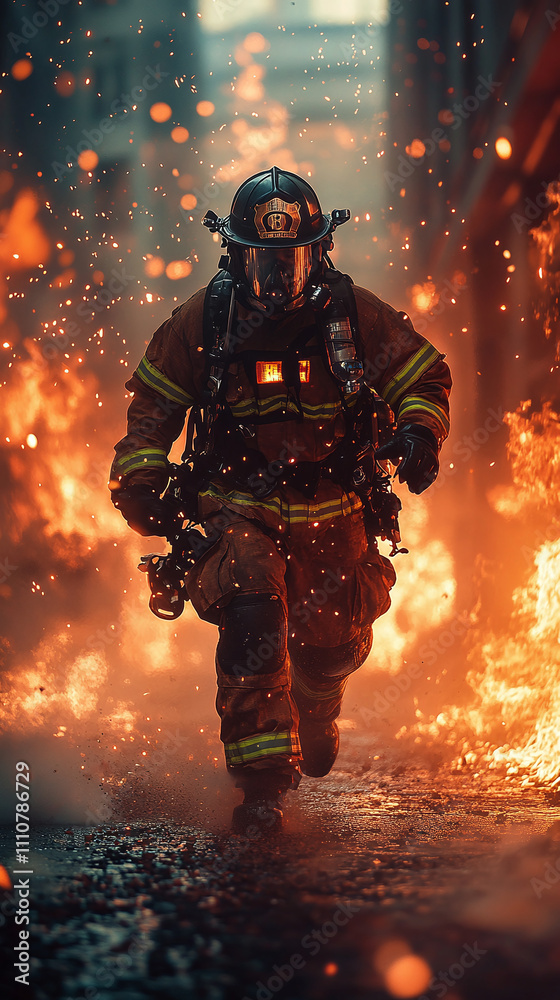 A brave firefighter in protective gear is running inside of a burning building, The place is all over with flames and smoke. Fire safety banner concept A brave firefighter in protective gear is running inside of a burning building, The place is all over with flames and smoke. Fire safety banner concept