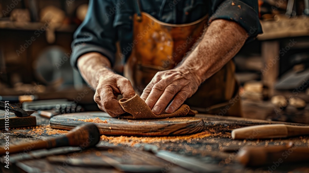 Craftsman's hands sanding wooden workpiece in workshop. Craftsman's hands sanding wooden workpiece in workshop.