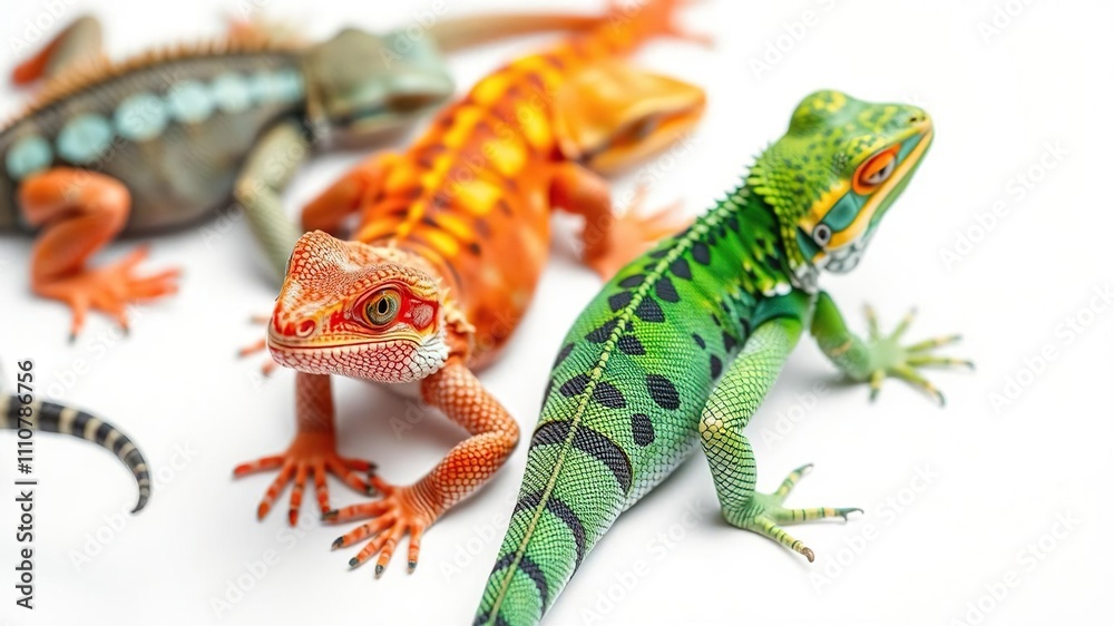 Naklejka premium Colorful reptile species isolated on white surface, close-up, reptiles