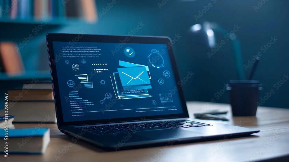 Laptop displaying email interface on screen. Laptop displaying email interface on screen.