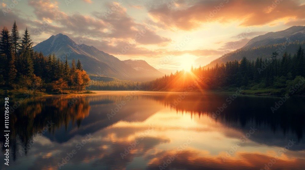 Fototapeta premium Serene Sunset Over Mountain Lake Reflects Vibrant Colors and Lush Forests in a Tranquil Natural Landscape